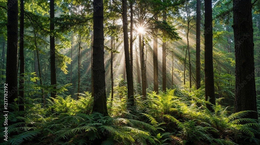 Obraz premium Highly detailed forest, sun rays, tall trees, ferns, forest thicket, daytime forest