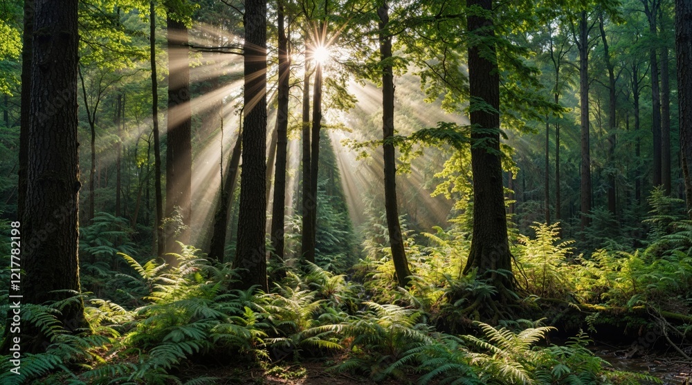 Obraz premium Highly detailed forest, sun rays, tall trees, ferns, forest thicket, daytime forest