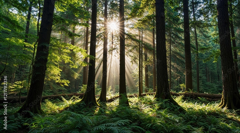 Obraz premium Highly detailed forest, sun rays, tall trees, ferns, forest thicket, daytime forest