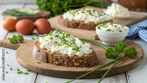 Rustic Easter cheese spread featuring cottage cheese on whole grain toast with fresh herbs and garnishes in a cozy kitchen setting