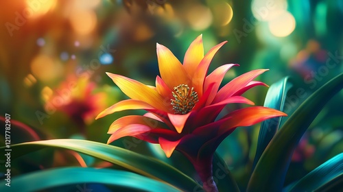 lush tropical bromeliad plant with vibrant flowers