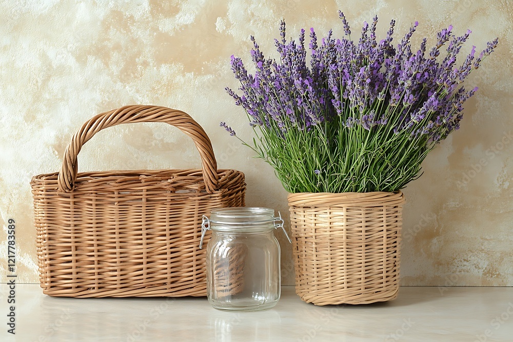 Wicker Basket with Lavender Bouquet Wicker Basket with Lavender Bouquet