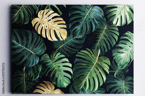 Luxurious tropical pattern featuring palm fronds and monstera leaves on dark navy background in gradient green and gold shades