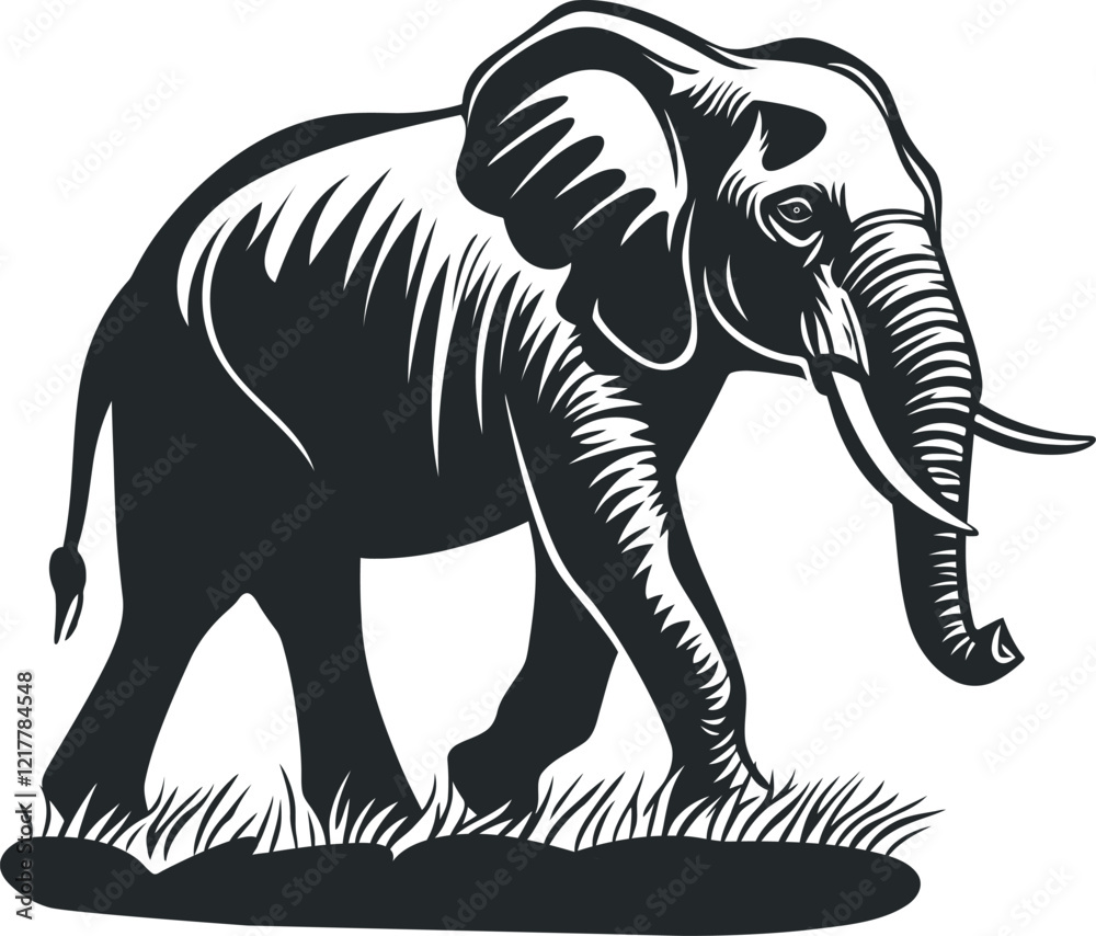 Obraz premium Stylized walking Elephant Silhouette: Black and White Woodcut Art with Vintage Engraving Aesthetic