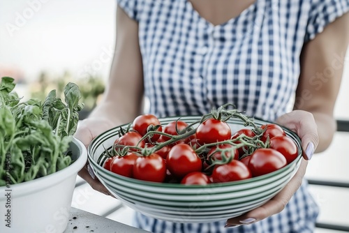 Young woman harvesting fresh tomatoes from her urban balcony garden in the city photo