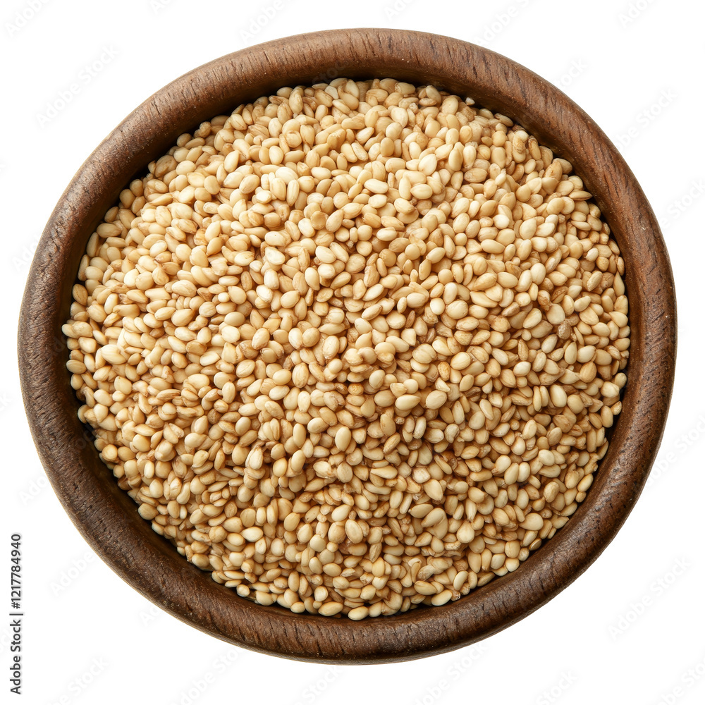 Fresh sesame seeds in a wooden bowl on a transparent background, ready for cooking and garnishing dishes, sesame in a bowl on transparent background Fresh sesame seeds in a wooden bowl on a transparent background, ready for cooking and garnishing dishes, sesame in a bowl on transparent background