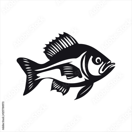 Black and White Fish Silhouette Illustration with Detailed Fins and Scales - Bold Graphic Design, Minimalist Nautical Artwork in High Contrast, Simplified Vector-Style Marine Life