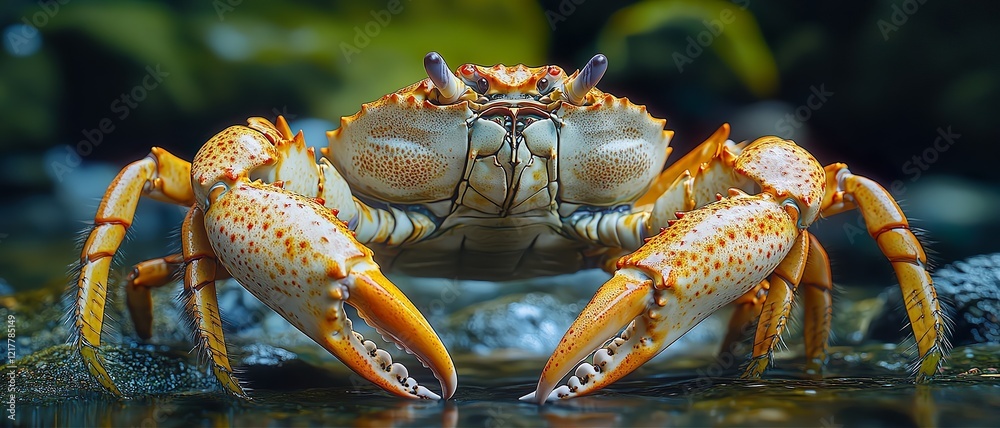 Photo of a wild white crab with large claws and orange spots in a mossy rock pool Photo of a wild white crab with large claws and orange spots in a mossy rock pool