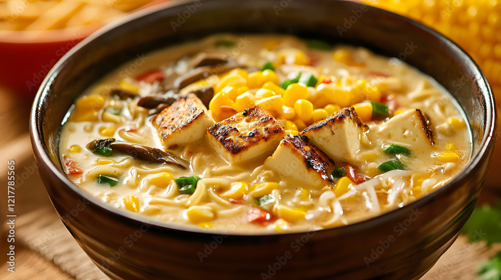 A creamy vegetarian ramen featuring a rich sesame broth grilled tofu shiitake mushrooms and roasted corn. A creamy vegetarian ramen featuring a rich sesame broth grilled tofu shiitake mushrooms and roasted corn.