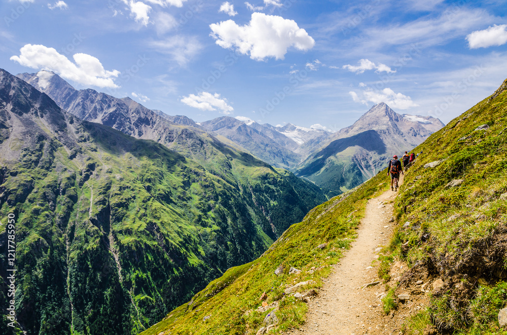 Fototapeta premium Panorama trail of Vent in the Oetztal Nature Reserve, Austria – This trail is part of the long distance hiking trail E5 crossing the European Alps from Germany to Italy. 