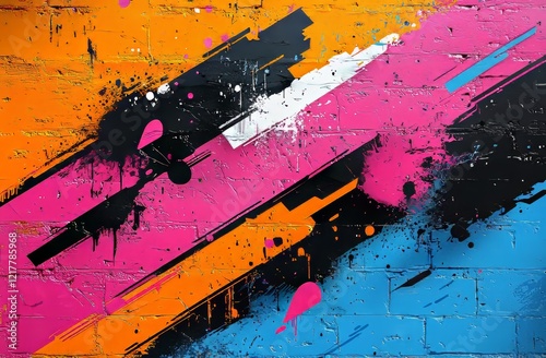Graffiti art characterized by vibrant colors and wildstyle lettering, embodies urban street culture through bold strokes, colorful backgrounds, dynamic shapes, and streetwear design elements, photo