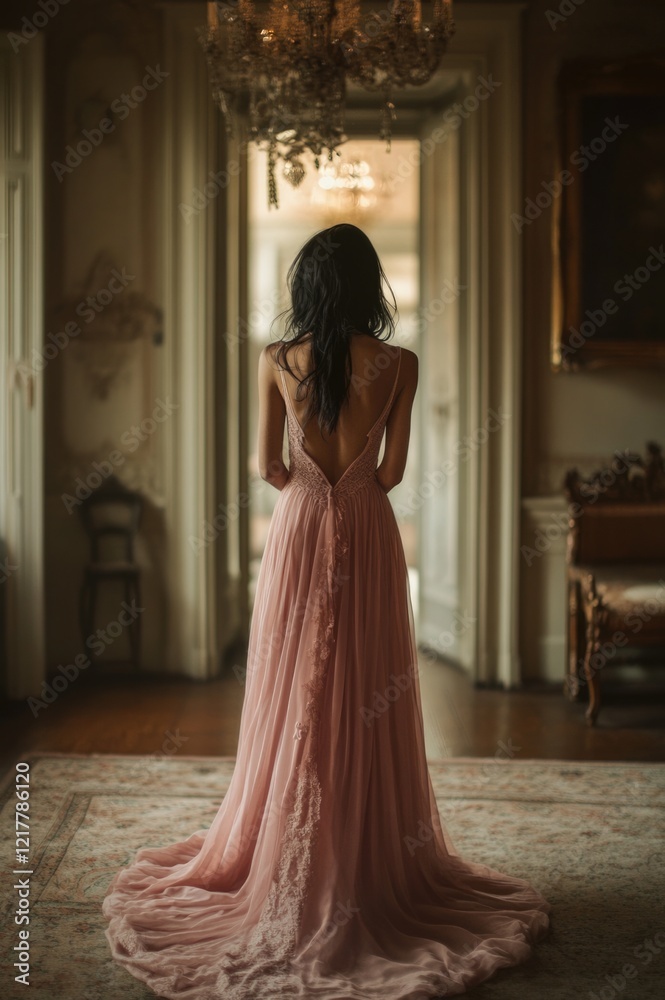 Fototapeta premium A woman stands gracefully in a flowing pink dress, capturing a moment of elegance and serenity as she gazes out towards the light-filled doorway, evoking a sense of tranquility.