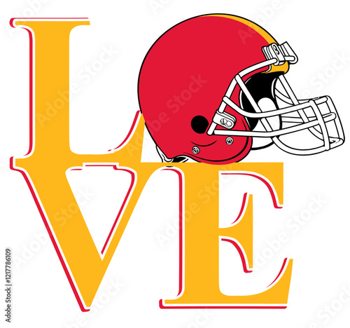 love - gold  and red football player helmet, sport vector graphics, hockey, for street art - graffiti lettering typography - art illustration - multicolor - writen	