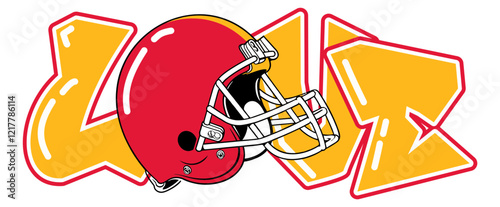 love - gold  and red football player helmet, sport vector graphics, hockey, for street art - graffiti lettering typography - art illustration - multicolor - writen	