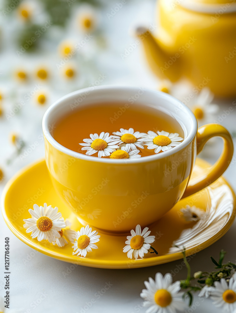 Chamomile tea in a yellow cup with daisies around.