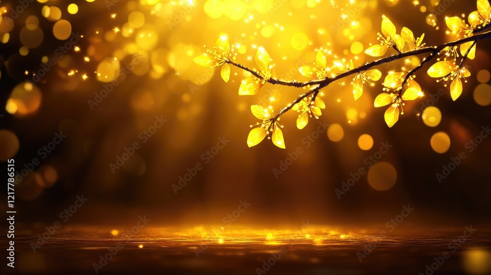 Naklejka premium Golden leaves illuminated by soft light, creating a warm and serene atmosphere.
