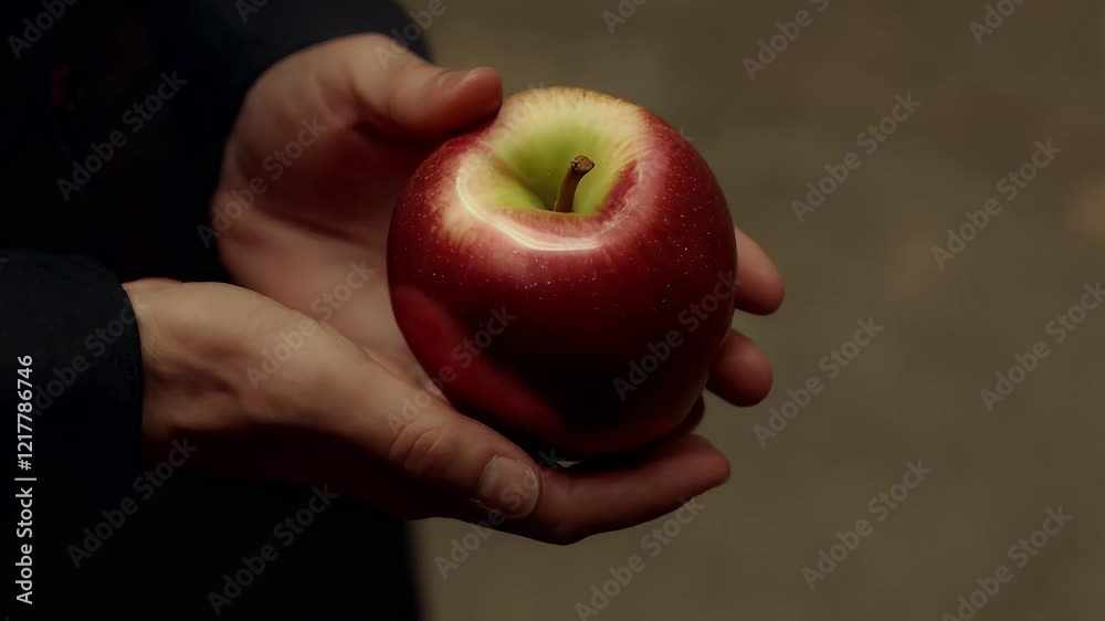 Holding a shiny red apple in hands while contemplating its significance Holding a shiny red apple in hands while contemplating its significance