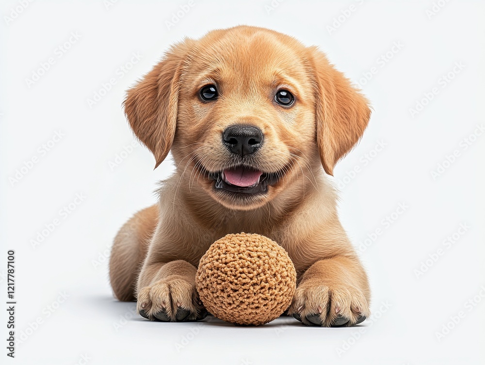 A playful golden retriever puppy with a textured ball. A playful golden retriever puppy with a textured ball.
