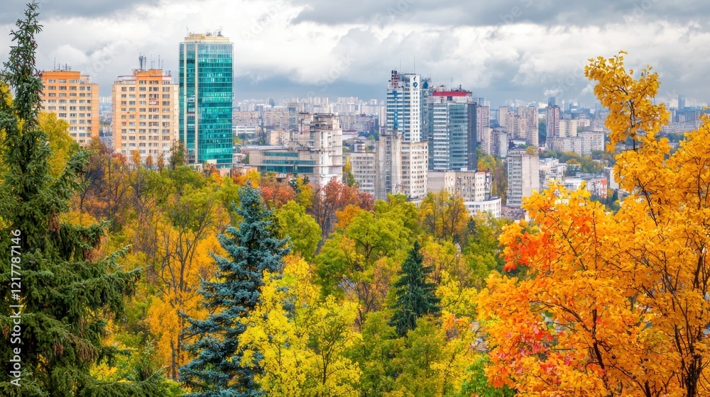Obraz premium Autumn city skyline viewed from park