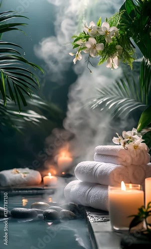 White towels, burning candles, and tropical plants create a tranquil atmosphere around a steaming hot tub, perfect for a spa retreat