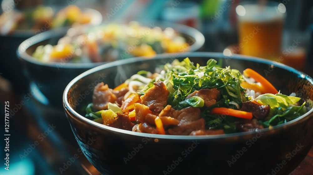 Warm bun cha with grilled pork and fresh vegetables in a steaming bowl Warm bun cha with grilled pork and fresh vegetables in a steaming bowl