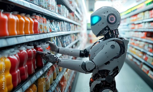 Humanoid robot selecting products from shelves in a supermarket, showcasing the future of automated shopping and ai in retail