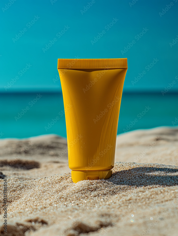 Yellow sunscreen tube on sandy beach with ocean backdrop. Yellow sunscreen tube on sandy beach with ocean backdrop.