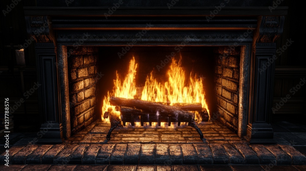 A rustic fireplace with bright orange flames and a sturdy metal grate, adding warmth and coziness to any living space during chilly evenings. A rustic fireplace with bright orange flames and a sturdy metal grate, adding warmth and coziness to any living space during chilly evenings.