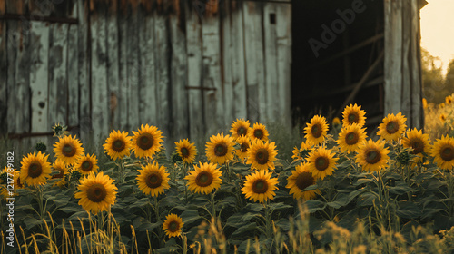 rustic wooden building with yellow sunflowers in field