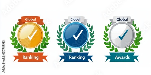 Sets of Winning Award Badge icons. Gold, Silver, Bronze, and Platinum Metal Medal Collection in modern illustration. Realistic honor badges for quality and place certification. Global ranking photo