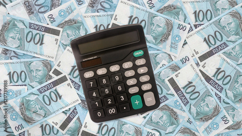 Conceptual Idea: Top View of Calculator on Reais Notes