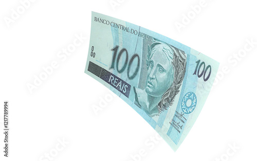 Brazilian 100 Reais Banknote Flying on Transparent Background