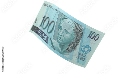 Brazilian 100 Reais Banknote Flying on Transparent Background