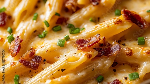 A delicious dish of cheesy penne pasta garnished with crispy bacon and fresh chives, creating a mouthwatering blend of textures and flavors. photo