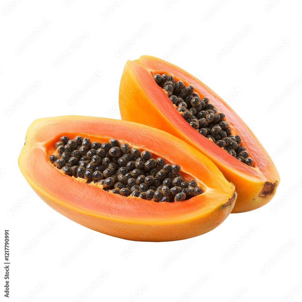Ripe papaya fruit cut in half revealing seeds against a transparent background, ripe papaya fruit with seeds isolated on transparent background Ripe papaya fruit cut in half revealing seeds against a transparent background, ripe papaya fruit with seeds isolated on transparent background
