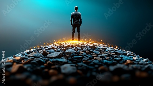 Businessman standing atop rocks, glowing base, dark background, success concept photo