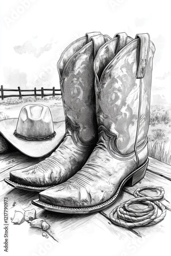 An intricate drawing captures classic cowboy boots alongside elements like a hat and lasso, emphasizing a rustic western lifestyle with remarkable detail and craft.