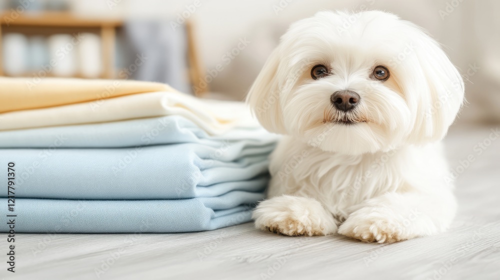 Fluffy dog resting beside neatly stacked colorful towels in a cozy room. Fluffy dog resting beside neatly stacked colorful towels in a cozy room.