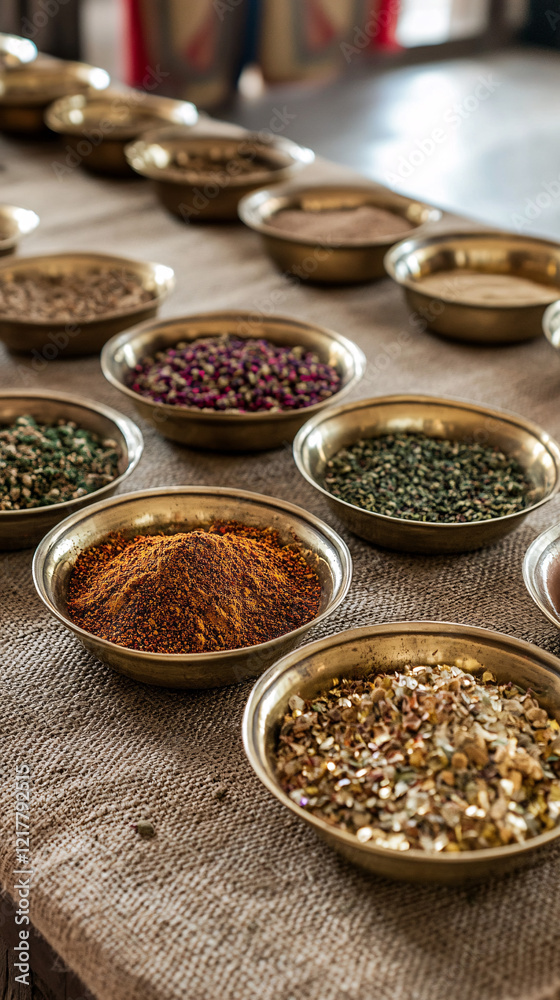 golden bowls of spices on rustic burlap tablecloth golden bowls of spices on rustic burlap tablecloth