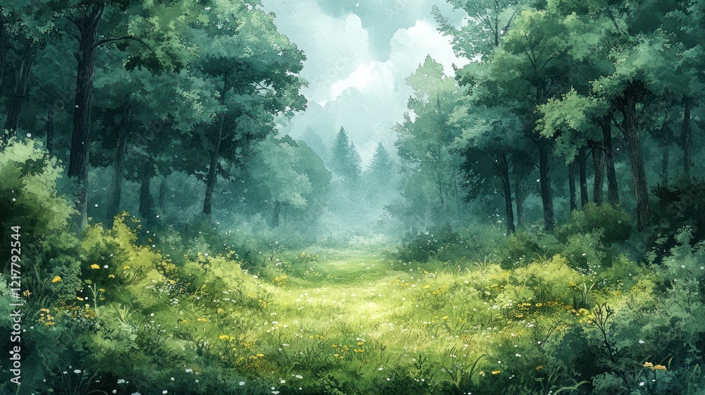 Misty forest path, wildflowers, mountains, game background Misty forest path, wildflowers, mountains, game background