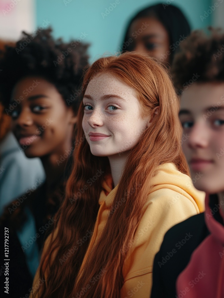 Obraz premium Young Girl with Ginger Hair Amidst a Diverse Group of Students in a Classroom Setting.