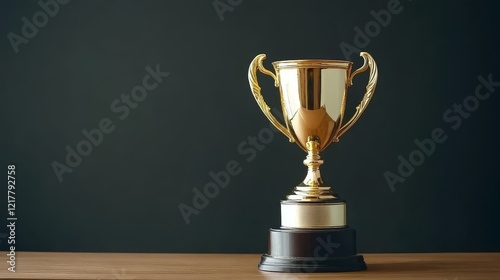 A majestic golden trophy perches gracefully on a wooden surface against a blurred brown backdrop, embodying achievement and excellence in an archetypal design photo