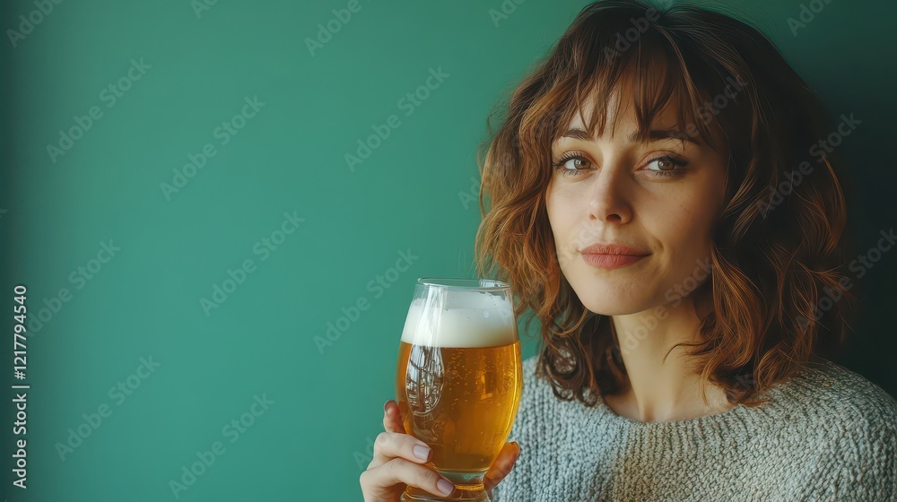 Young caucasian female enjoying a glass of beer against green background Young caucasian female enjoying a glass of beer against green background