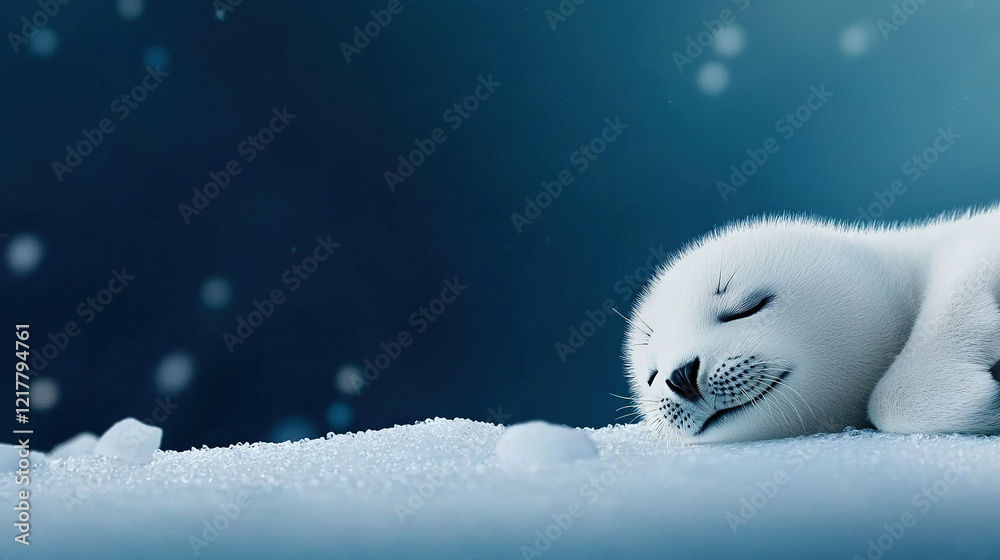 Fototapeta premium Baby seal resting on snow pile with snowflakes covering its eyes