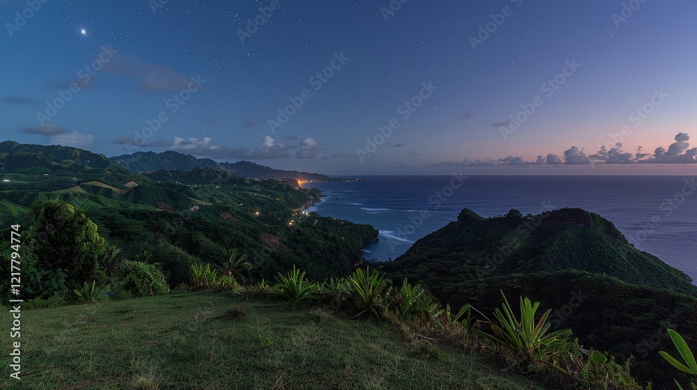 Fototapeta premium Stunning night photography of grenada starry sky over luminous ocean and world map geography