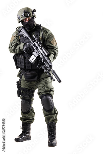 Armed tactical officer in protective gear holding firearm during operation
