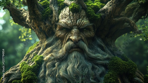 Angry forest tree-man portrait, mystical background, fantasy game art