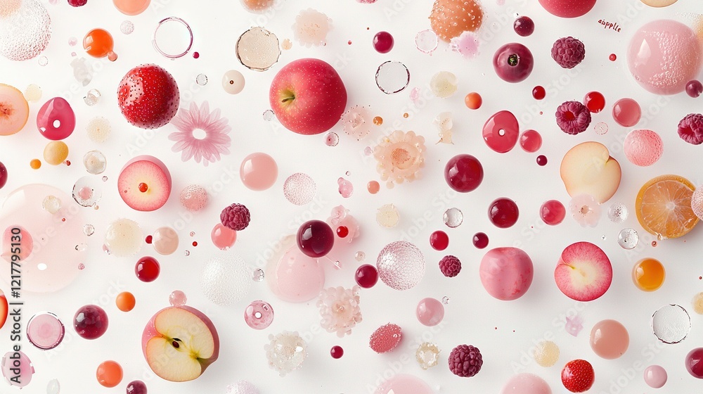 A pristine white wall adorned with an array of juicy fruits and dotted with effervescent air bubbles nestled at its base A pristine white wall adorned with an array of juicy fruits and dotted with effervescent air bubbles nestled at its base