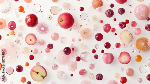   A pristine white wall adorned with an array of juicy fruits and dotted with effervescent air bubbles nestled at its base