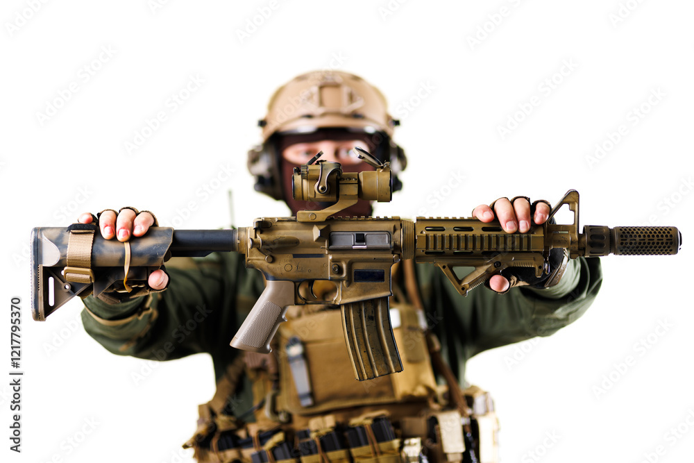 Military professional holding modern tactical rifle with focus on the firearm